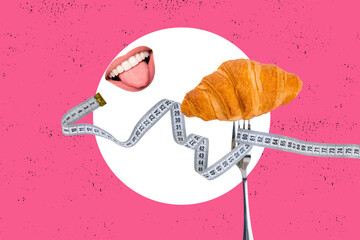 Creative abstract collage of mouth eat croissant carbohydrate fat puff pastry bun unhealthy junk...