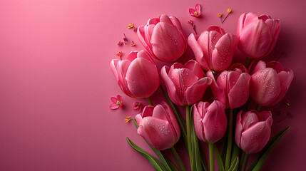 Fototapeta premium Pink flowers with green leaves on a pink background. Postcard image with whiteout area, display image