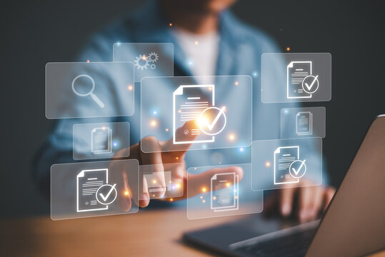 Document audit inspection and business asset analysis concept. Man inspects data, file check with magnifying len. Business analysis, document review, online approval, digital information research