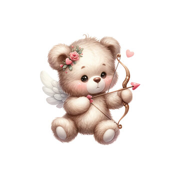 A teddy bear is holding a bow and arrow and is about to shoot an arrow. The bear is wearing a flower on its head and has a heart on its chest. The image has a cute and playful mood