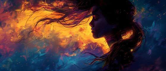 
A woman's portrait of a side face with hair flowing in the wind in front of her and flames in the background, in the style of colorful fantasy realism - obrazy, fototapety, plakaty