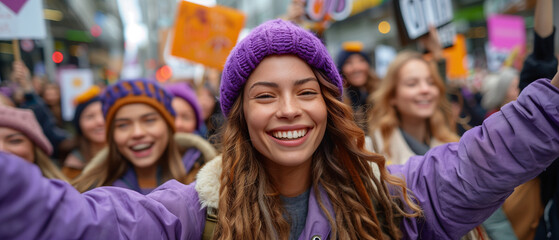 Female with curly brown hair stands in the middle of the march with her hands in the air. The crowd is dressed in bright colors of purple and yellow. Concepts of feminism, female affirmative action.  - obrazy, fototapety, plakaty