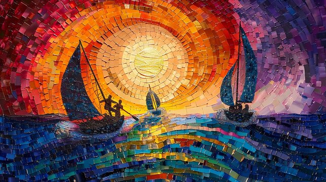 Brightly colored artwork, people sailing on a sailboat through the sea.