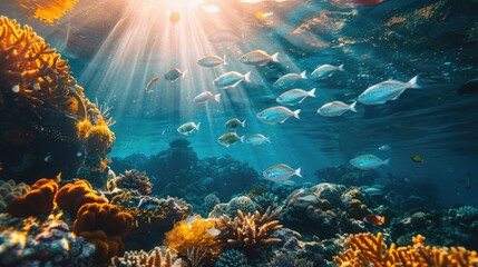 Fototapeta na wymiar A serene underwater scene showcasing a school of mullet fish gracefully swimming near a coral reef.