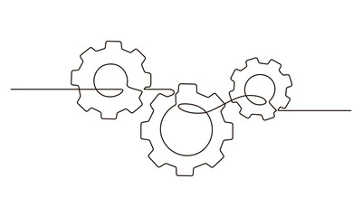 Single continuous line symbol of machine wheel gears vector illustration. Cogwheel one line contour drawing business teamwork concept. Design for poster, card, label, company 