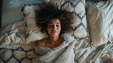 Happy woman sleeping in cozy bed.  - obrazy, fototapety, plakaty