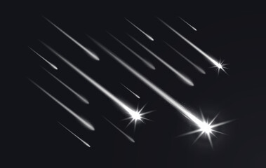 Realistic sky shooting stars with trails, falling comets and meteors. 3d vector celestial bodies streak across the night sky, leaving dazzling traces of light due to friction with Earth atmosphere - 750764495