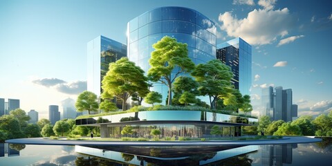 Fototapeta premium Eco-friendly building in the modern city. Sustainable glass office building with tree for reducing carbon dioxide. Office building with green environment.