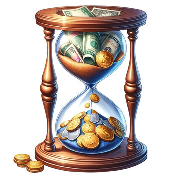 Watercolor illustration of a classic hourglass with coins and bills flowing through, clipart, single object, isolated on white background, depicting the value of time in investments. PNG
