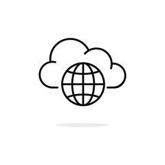 black thin line globe with cloud like global data. linear trend modern graphic logotype stroke design infographic element isolated on white. concept of mobile app badge or online hosting pictogram