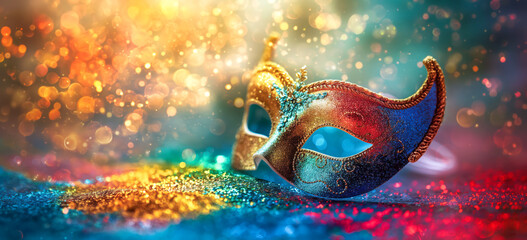 Carnival face mask on a colorful background.  Festive Fantasia,  Vibrant Mardi Gras Cosplay Mask Celebration. - obrazy, fototapety, plakaty