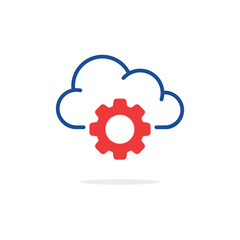 cloud technology service icon with red gear. concept of data optimization pictogram or software develop. flat linear trend modern logotype graphic stroke art design web element isolated on white