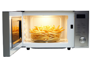 Microwave With French Fries. A microwave with a plate of golden French fries inside, ready to be heated. The microwaves digital display shows a countdown as the fries cook to a crispy perfection.