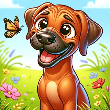 Cute and funny cartoon dog illustration , happy dog with flowers and butterfly 