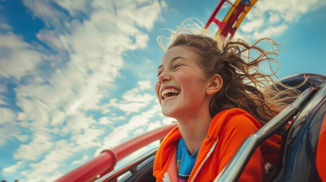 Teenagers and relaxation, teenagers and fun,teenage girl on a moving rollercoaster, 