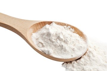 Wooden Spoon Filled With White Powder. A wooden spoon is filled with white powder, creating a stark contrast between the natural wood and the pristine powder. Isolated on a Transparent Background PNG.