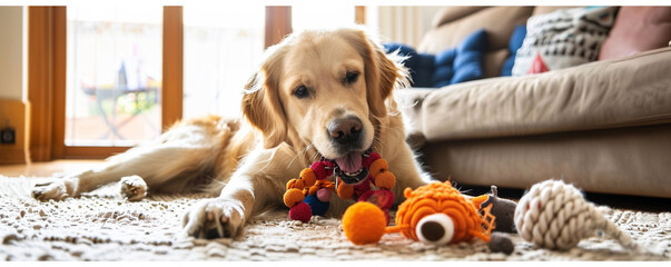 Eco-friendly pet toys collection, sustainable pet care - obrazy, fototapety, plakaty