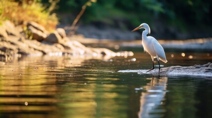 Bird and river in beautiful forest, bird catching fish - obrazy, fototapety, plakaty