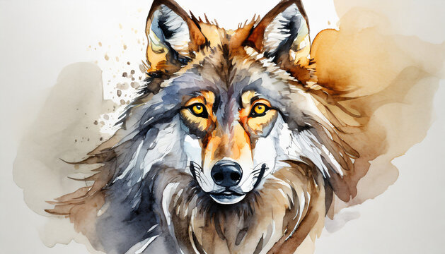 Watercolor illustration of gray wolf. Portrait of wild forest animal. Hand drawn art.