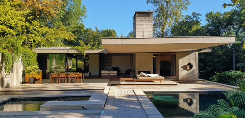 Angular villa, zigzag pool, sculpture garden, luxury coupe in modern porch. - obrazy, fototapety, plakaty