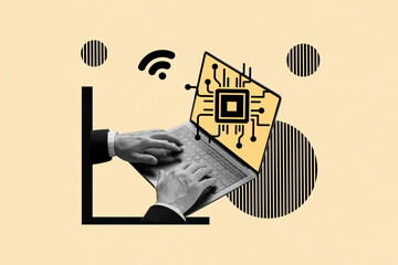Creative collage about technological progress it specialist programming microprocessor settings in...