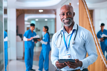 Portrait Of Mature Male Doctor With Digital Tablet In Hospital With Colleagues In Background - 750766051