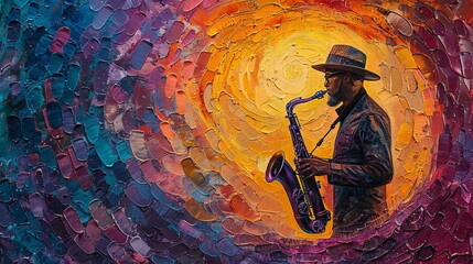 An American man is playing music to create a pleasant, romantic atmosphere. He is a saxophone player. - obrazy, fototapety, plakaty