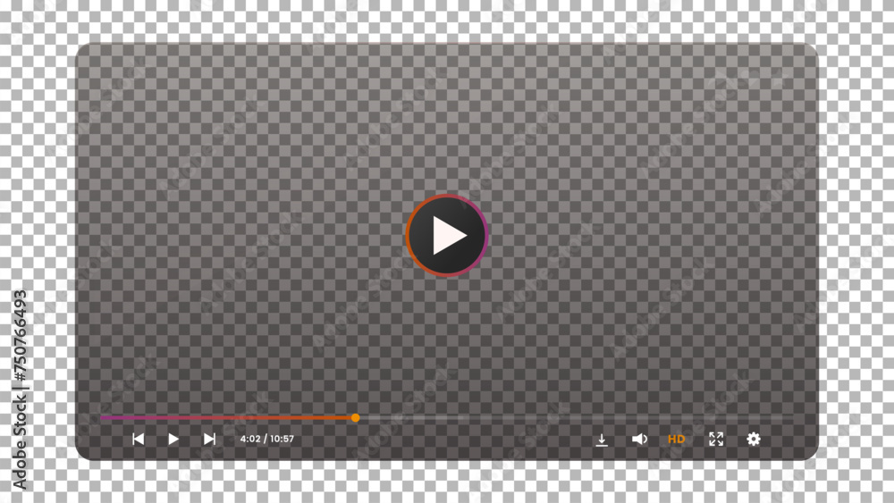 Aufkleber Video player transparent screen interface. Digital media player UI vector mockup of black transparent window with play button, navigation bar, sliders and media control icons, multimedia app