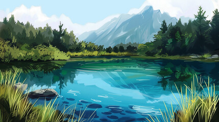 Fototapeta premium Nature lake landscape illustration background 