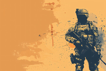 Silhouette of a soldier against an orange backdrop with splatter effects