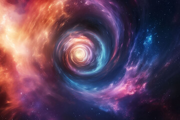 Multicolored light streaks gathering towards the event horizon amid nebula clouds and distant stars.