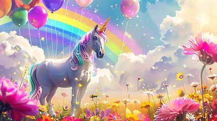 Colorful unicorn with vibrant rainbow balloons and flowers