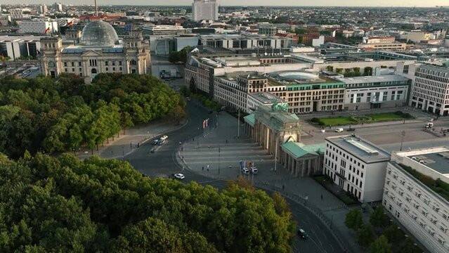 Aerial View of Brandenburg Gate (Brandenburger Tor) in the morning sunrise - monument in Berlin, Capital of Germany	
