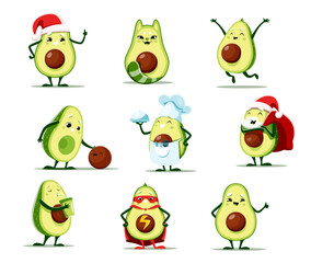 Cartoon avocado characters vector set. Santa Claus with gifts bag, avocat animal, superhero wear mask and cape, chief with a meal on tray. Fresh vegetable personage drinking cocktail, rejoice and fun
