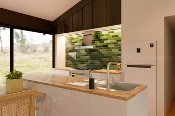 Kitchen of open floor country house on Oleron Island France - 3D render