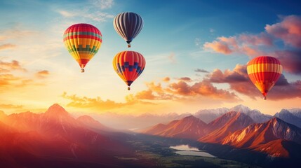 Balloons in the bright sky,sunrise landscape with hot air balloons in sky,  - obrazy, fototapety, plakaty