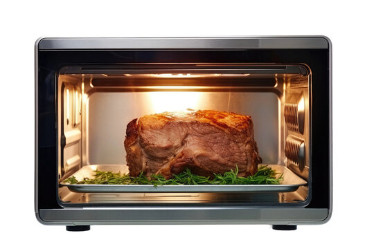 A Piece of Meat Cooking in a Toaster Oven. A raw piece of meat sizzling and browning as it cooks inside a toaster oven, with heat waves rising around it. Isolated on a Transparent Background PNG.