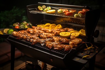 Fresh seafood barbecue with prawn, salmon, and scampi skewers, offering space for adding text.
