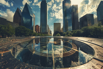 The modern cityscape meets the ancient grandeur of a sundial, illustrating the interplay between human progress and the natural passage of time. - obrazy, fototapety, plakaty