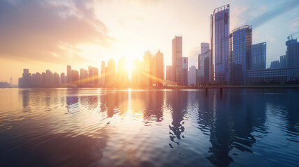 Sunrise over a modern city skyline, symbolizing new business opportunities - obrazy, fototapety, plakaty