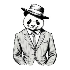 Panda Wearing Business Suite Old Retro Vintage Engraved Ink Colored Sketch Hand Drawn Line Art