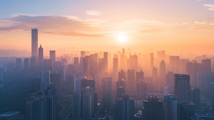 Fototapeta na wymiar Sunrise over a modern city skyline, symbolizing new business opportunities