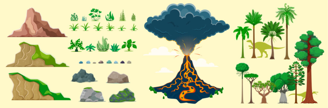 Jungle and dinosaur era environment game assets. Volcano, plants and trees, rock, stones and palms vector elements of jurassic prehistoric nature landscape. Dinosaur game UI, user interface assets