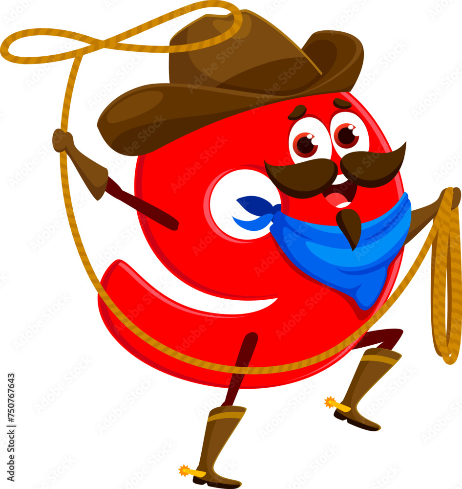 Poster cartoon cowboy, sheriff, and robber math number nine character skillfully wielding a lasso. isolated