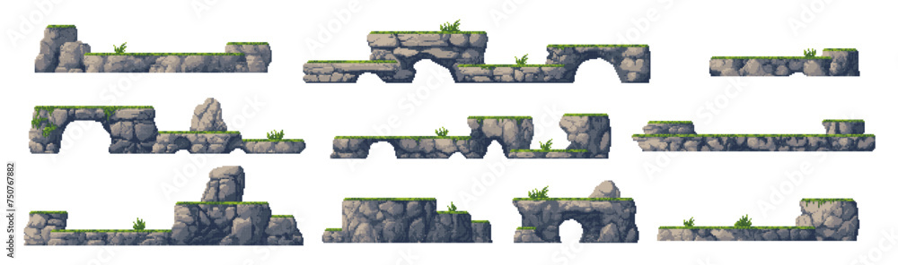 Poster 8bit arcade pixel art game platforms with rock stones and green grass. isolated vector set of 2d ele