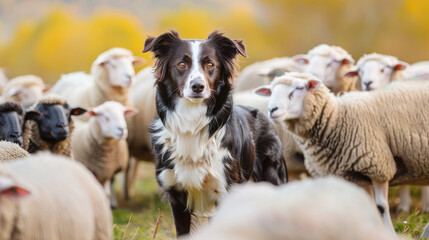 dog shepherd border collie stands among a flock of sheep in nature - obrazy, fototapety, plakaty