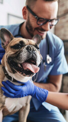 Veterinarian giving a check-up to a happy dog, pet care and health