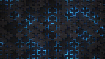 Geometric shapes with blue neon backlight 3D render
