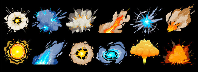 Cartoon bomb explosions, smoke and boom blast clouds, vector icons. Atomic bomb mushroom explode or TNT dynamite explosion with fire burn, firework boom flash or pop puff and burst rays of explosives - obrazy, fototapety, plakaty