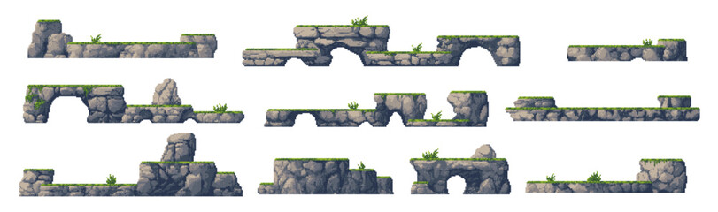 8bit arcade pixel art game platforms with rock stones and green grass. Isolated vector set of 2d elements, nostalgic videogame landscape, obstacles, classic gaming objects for retro-inspired adventure - 750767882